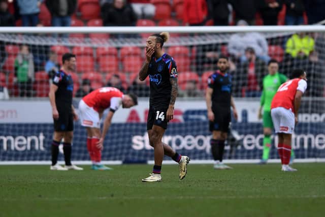 Huddersfield Town winger Sorba Thomas is sent off at Rotherham United. Picture: Jonathan Gawthorpe