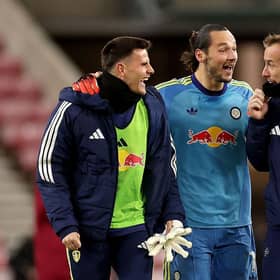 COVERED: James Trafford (centre) with back-up Leeds United goalkeepers Michael Zetterer and Alex Cairns (Image: Stu Forster/Getty Images)