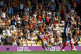 Alex Gilliead celebrates his equaliser for Bradford City in the recent game against Grimsby Town with Bobby Pointon. Picture: Bruce Rollinson.