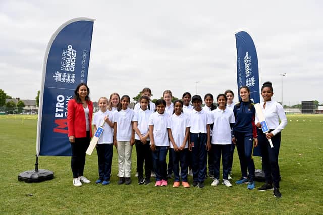 Former England cricketer Ebony Rainford-Brent (far right) and Danielle Lee poses with children at the launch event for the Metro Bank partnership with ECB . (Photo by Kate Green/Getty Images for Metro Bank )