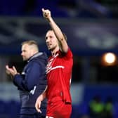 Middlesbrough defender Luke Ayling, on loan from Leeds United, gestures a thumbs-up a full-time following the team's victory in the Sky Bet Championship match at Birmingham City on Tuesday. Photo by Catherine Ivill/Getty Images.