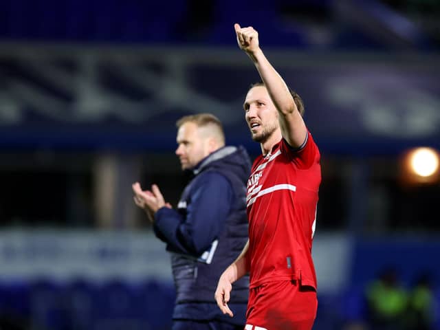 Middlesbrough defender Luke Ayling, on loan from Leeds United, gestures a thumbs-up a full-time following the team's victory in the Sky Bet Championship match at Birmingham City on Tuesday. Photo by Catherine Ivill/Getty Images.