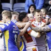 James Bentley, second right, is involved in a flashpoint during Leeds' win over Catalans. (Photo: Allan McKenzie/SWpix.com)