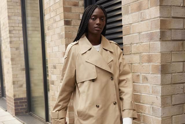 QUIET LUXE '90S REDUXE: Short trench coat, £135, and boyfriend jeans, £99, from Albaray.