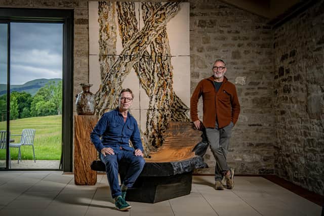Thorns Gallery set up by artist Graeme Black, left, and interior designer Jonathan Reed, in the hamlet of Marsett, hidden in Raydale, a small side dale off Wensleydale. The gallery in the heart of the Yorkshire dales is in a converted cattle shed overlooking lake Semerwater. Photograph by Tony Johnson.