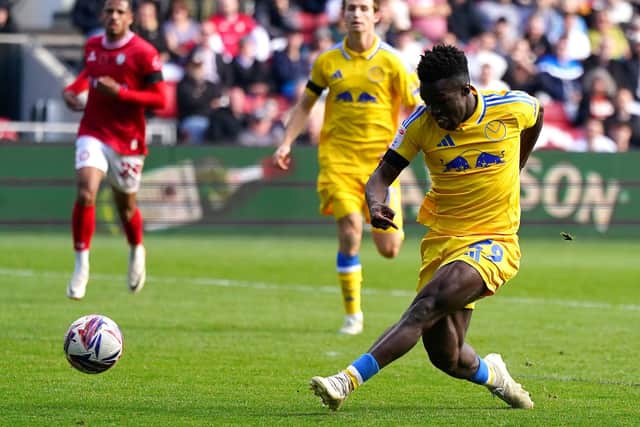 Denied: Leeds United's Wilfried Gnonto attempts a shot on goal in the goalless draw at Bristol City (Picture: Robbie Stephenson/PA Wire)
