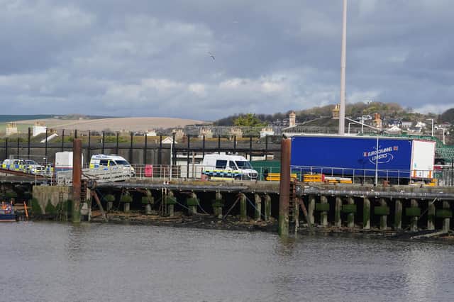 The scene at Newhaven ferry port after migrants have been found in the back of a lorry at port in East Sussex amid a large emergency services presence. Two men have been arrested and six people have been taken to hospital. Picture date: Friday February 16, 2024. - photo PA