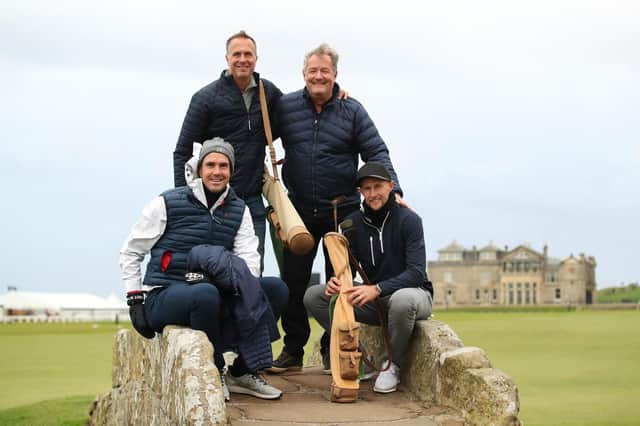 Joe Root, right, poses with, from left, Kevin Pietersen, Michael Vaughan and Piers Morgan on the Swilcan Bridge during 'The Hickory Challenge' prior to the Alfred Dunhill Links Championship on the Old Course in St Andrews, Scotland. Photo by Jan Kruger/Getty Images.