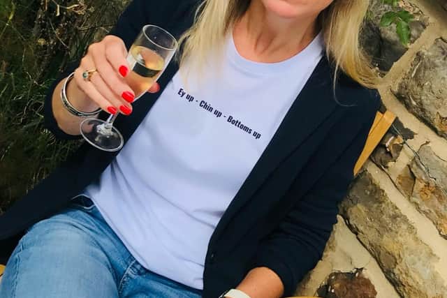 Clare wears Luce & Bear Ey Up, Chin Up, Bottoms Up T-shirt, £25