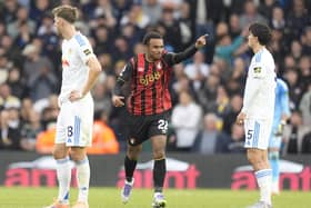 Leeds United's Sean Longstaff (left) and Pascal Struijk look on as Bournemouth's Eli Junior Kroupi celebrates scoring his team's second goal during the Premier League match at Elland Road, Leeds. Picture: Danny Lawson/PA Wire.