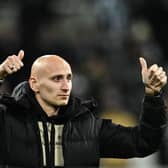 English midfielder Jonjo Shelvey salutes Newcastle United's fans as he prepares to leave the club for Nottingham Forest, during the English League Cup semi final football match between Newcastle United and Southampton at St James's Park stadium in Newcastle, on January 31, 2023. (Photo by PAUL ELLIS/AFP via Getty Images)