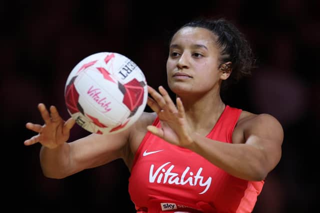 Huddersfield's Imogen Allison of Vitality Roses in action during the Vitality Netball International Series match between England and South Africa at AO Arena on December 05, 2023 in Manchester (Picture: Jan Kruger/Getty Images for England Netball)