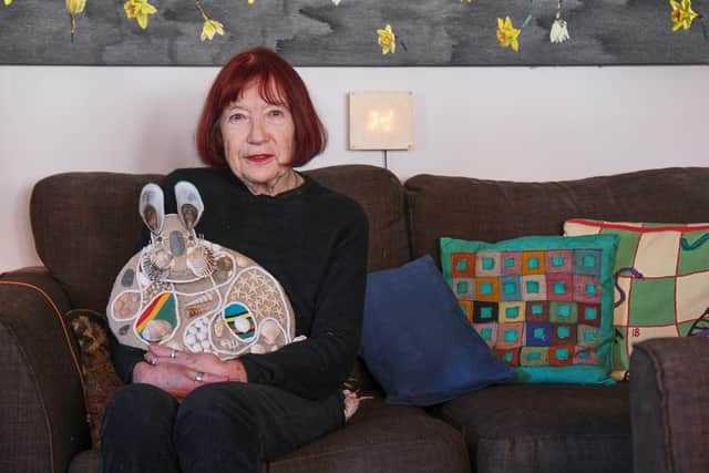 Angela Knipe with one of her rabbit works. Picture: ©Tony Bartholomew.