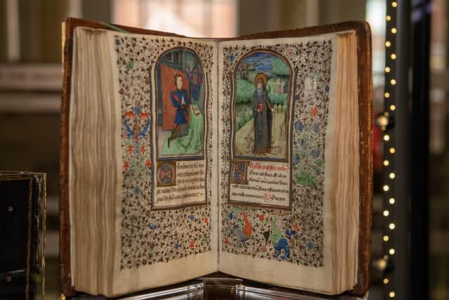 Amazing detail in the 15th century Book of Hours written for Antoine de Crevecoeur, Amiens or Arras exhibited in the Books and Benefactors exhibition  photographed for The Yorkshire Post by Tony Johnson.