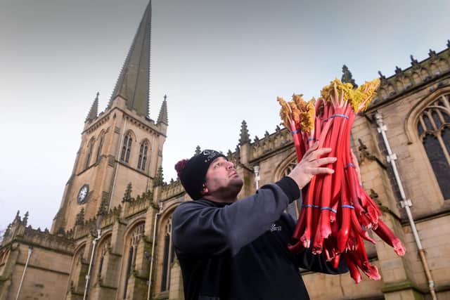 The Rhubarb Festival, Wakefield. James Hulme from Oldroyd and Sons Rhubarb, Rothwell pictured outside Wakefield Cathedral Picture taken by Yorkshire Post Photographer Simon Hulme