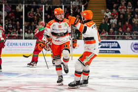 ON THE UP: Mitchell Balmas celebrates scoring Sheffield Steelers' third goal against Cardiff Devils in their 5-1 win in South Wales on Wednesday night. Picture: James Assinder/EIHL Media.