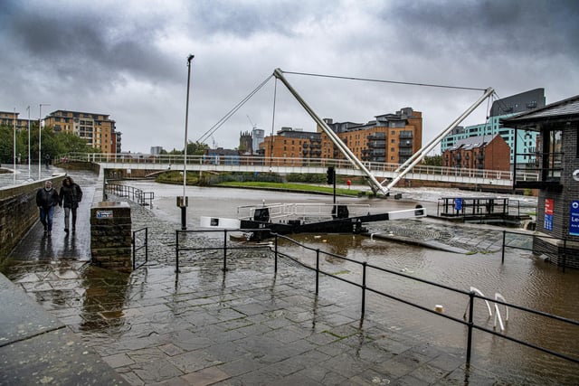 High water levels on the River Aire in Leeds as Storm Babet hit