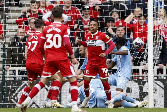 Middlesbrough's Cameron Archer (centre) celebrates scoring their side's first goal of the game during the Sky Bet Championship match at the Riverside Stadium, Middlesbrough. Picture date: Monday May 8, 2023. PA Photo. See PA story SOCCER Middlesbrough. Photo credit should read: Richard Sellers/PA Wire.

RESTRICTIONS: EDITORIAL USE ONLY No use with unauthorised audio, video, data, fixture lists, club/league logos or "live" services. Online in-match use limited to 120 images, no video emulation. No use in betting, games or single club/league/player publications.