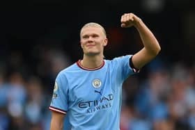 MANCHESTER, ENGLAND - OCTOBER 02: Erling Haaland of Manchester City celebrates after the Premier League match between Manchester City and Manchester United at Etihad Stadium on October 02, 2022 in Manchester, England. (Photo by Michael Regan/Getty Images)