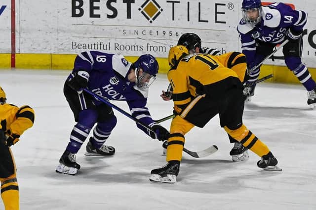 NEW CHALLENGE: Canadian centre Bobby Young (left) heads to Hull Seahawks following four years of NCAA Division One hockey with College of the Holy Cross in Massachusetts. Picture courtesy of Eliza Phillips/Holy Cross Crsuaders
