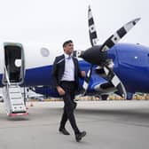 Prime Minister Rishi Sunak arrives at Inverness Airport, Scotland, while on the General Election campaign trail. PIC: Stefan Rousseau/PA Wire