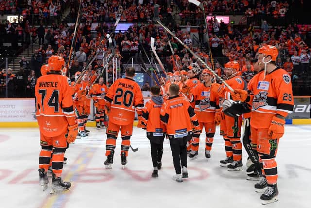 GUARD OF HONOUR: Jonathan Phillips steps off the Sheffield Arena ice one last time as a Sheffield Steelers player after the last home game of the 2022-23 Elite League season. Picture courtesy of Dean Woolley/Steelers Media