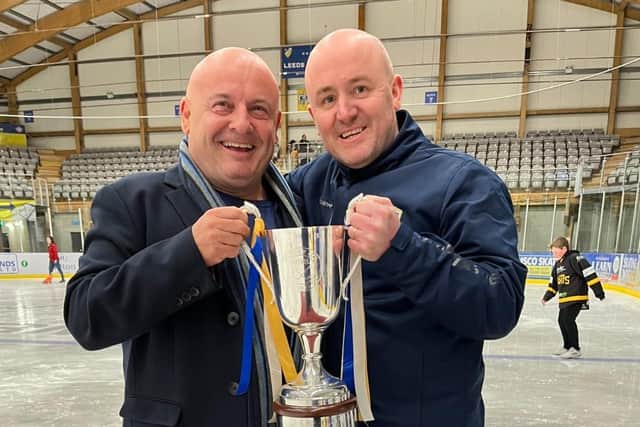 WINNERS: Leeds Knights' owner Steve Nell (left) with head coach Ryan Aldridge and the NIHL National league trophy.