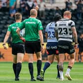 Referee Chris Kendall shows Hull FC’s Josh Griffin a red card. (Photo: Alex Whitehead/SWpix.com)