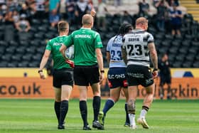 Referee Chris Kendall shows Hull FC’s Josh Griffin a red card. (Photo: Alex Whitehead/SWpix.com)