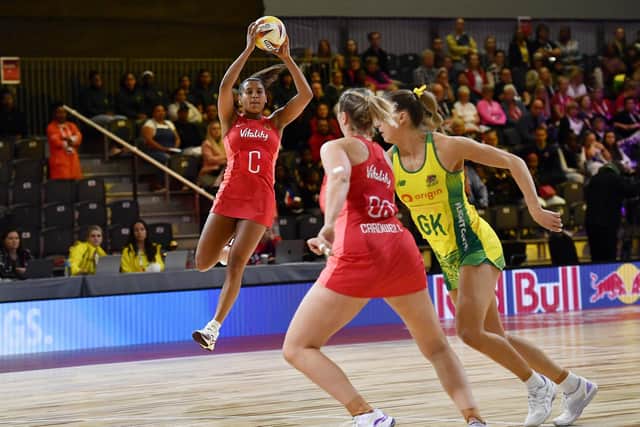 A soaring Imogen Allison and her England team-mates pulled off a landmark win in the group stage against Australia (Picture: Ashley Vlotman/Gallo Images/Netball World Cup 2023 via Getty Images)