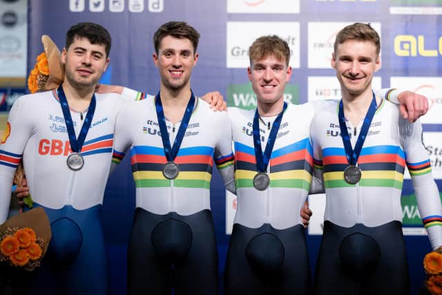 SILVER LINING: Charlie Tanfield, Ethan Vernon, Dan Bigham and Ollie Wood of Great Britain win Silver in the Men’s Team Pursuit final at the 2023 UEC Track Elite European Championships. Picture by Alex Whitehead/SWpix.com