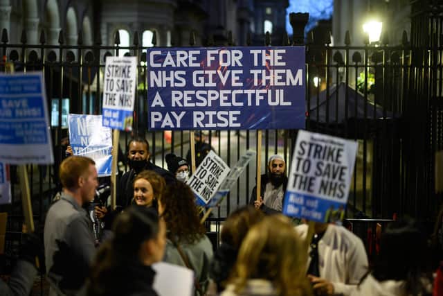 NHS workers and supporters gather outside Downing Street to protest. PIC: Leon Neal/Getty Images