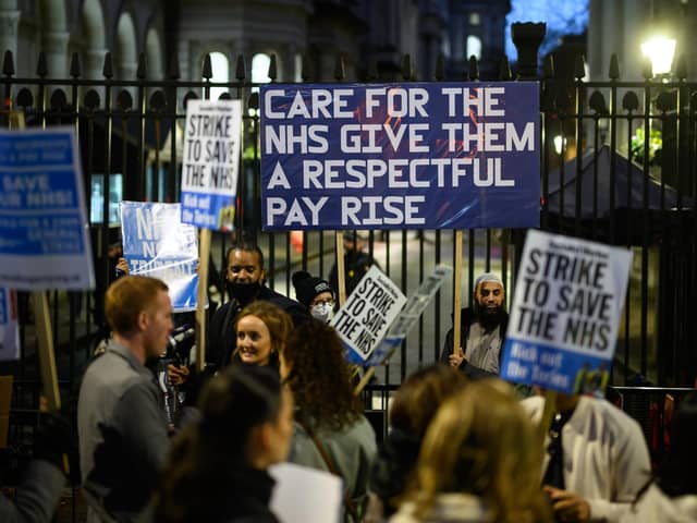 NHS workers and supporters gather outside Downing Street to protest. PIC: Leon Neal/Getty Images