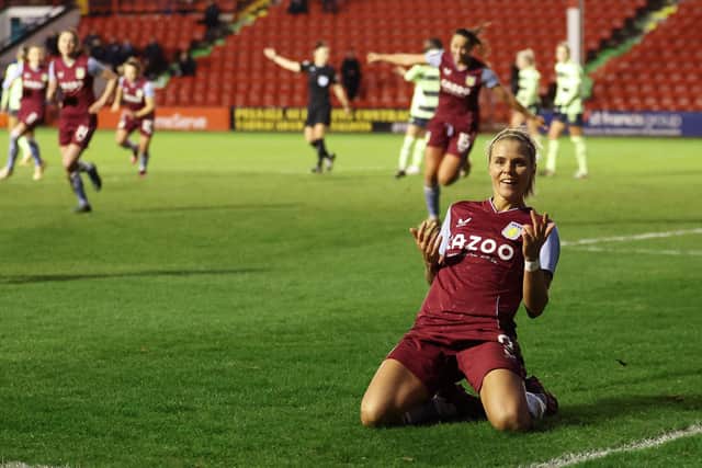 Rachel Daly of Aston Villa celebrates after scoring the team's second goal during the Vitality Women's FA Cup match against Manchester City (Picture: Catherine Ivill/Getty Images)