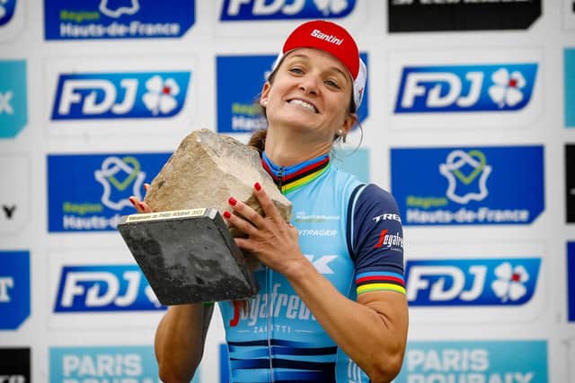 Lizzie Deignan (Great Britain / Team Trek Segafredo Women) pictured after winning Paris-Roubaix Femmes (1.WWT) race in 2021 (Picture: CorVos/SWpix.com)