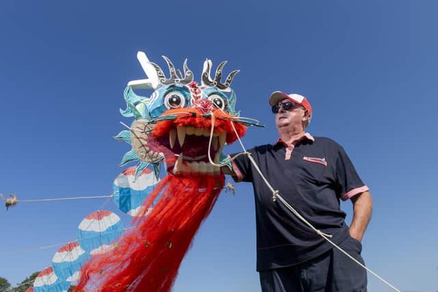 Jim Potts and his amazing dragon kite.  Jim has been instrumental in running some of the county's major kite festivals.
Picture by Yorkshire Post Photographer Bruce Rollinson
