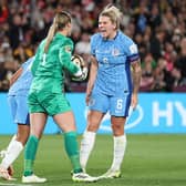 Mary Earps of England is congratulated by Millie Bright after saving the penalty taken by Jennifer Hermoso of Spain (not pictured)  during the FIFA Women's World Cup Australia & New Zealand 2023 Final match between Spain and England at Stadium Australia on August 20, 2023 in Sydney, Australia. (Photo by Catherine Ivill/Getty Images)