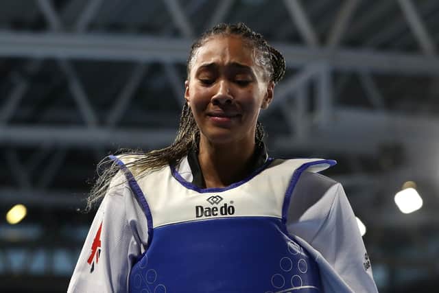Great Britain's Aaliyah Powell reacts after winning her quarter-final match against Great Britain's Jade Jones at the 2023 World Taekwondo Grand Prix Final at the Manchester Regional Arena. She would go on to win a bronze medal (Picture: Tim Markland/PA)