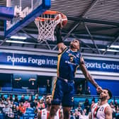 Slam dunk: Jalon Pipkins trams home a two-pointer for the Sheffield Sharks against Leicester Riders (Picture: Adam Bates)