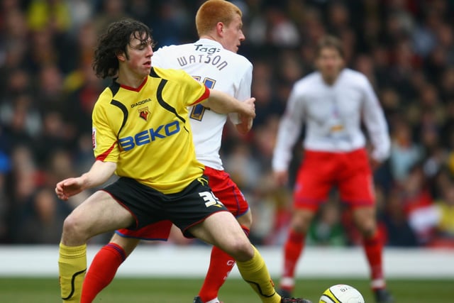 John-Joe O'Toole of Watford battles for the ball with Ben Watson of Crystal Palace - later of Forest - during the Coca-Cola Championship match between Watford and Crystal Palace at Vicarage Road on April 19, 2008.