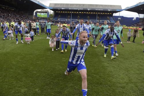 Barry Bannan leads the celebrations at the final whistle as Sheffield Wednesday took a big step towards safety against West Brom (Picture: Steve Ellis)
