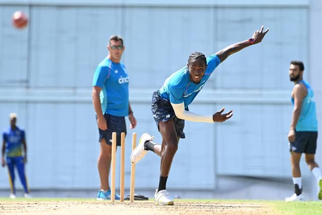 Jofra Archer of England bowls during a nets session at Kensington Oval. (Picture: Gareth Copley/Getty Images)