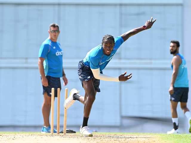 Jofra Archer of England bowls during a nets session at Kensington Oval. (Picture: Gareth Copley/Getty Images)