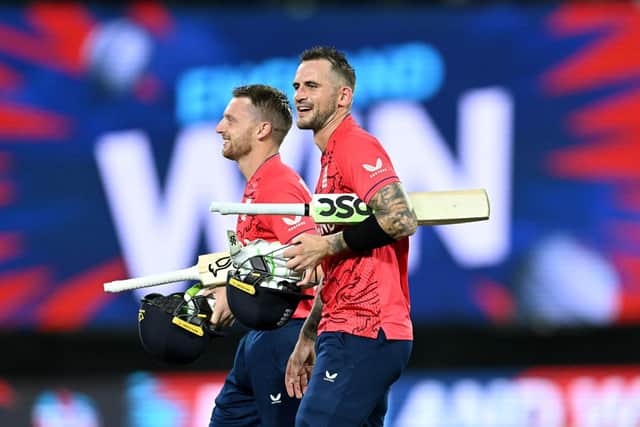England'S Jos Buttler (left) and Alex Hales celebrate following victory over India in the T20 World Cup semi-final match at the Adelaide Oval (Picture: PA)