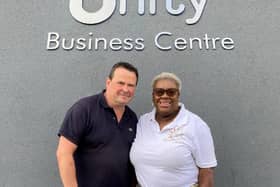 Jackie Walker with Unity Enterprise manager Adrian Green at Unity Business Centre in Chapeltown