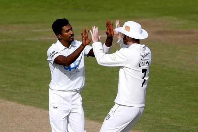 INCOMING: Vishwa Fernando (left) celebrates a wicket for Durham against Leicestershire last season. Picture: Will Matthews/PA