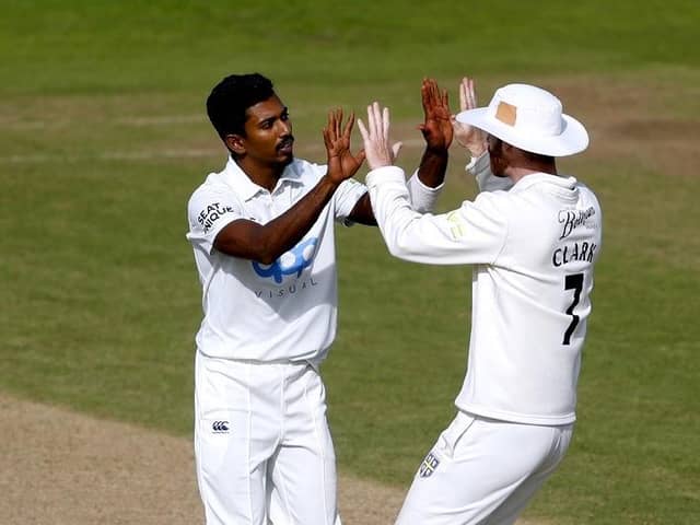 INCOMING: Vishwa Fernando (left) celebrates a wicket for Durham against Leicestershire last season. Picture: Will Matthews/PA
