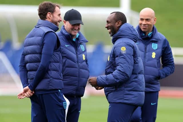 NEW FACE: Jimmy Floyd Hasselbaink (second from right) has joined England's coaching staff