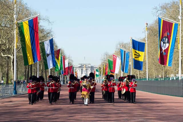 Coldstream Guards Band marching down the Mall for the Guard of Honour for the Commonwealth Heads of Government Meeting, April 2018.