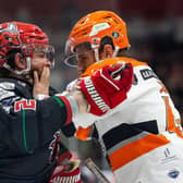 TOUGH NIGHT: Sheffield Steelers' Sam Jones (right) gets to grips with Cardiff Devils' Riley Brandt on a night which saw the visitors come off second-best in South Wales. Picture: Rebecca Brain/EIHL Media.